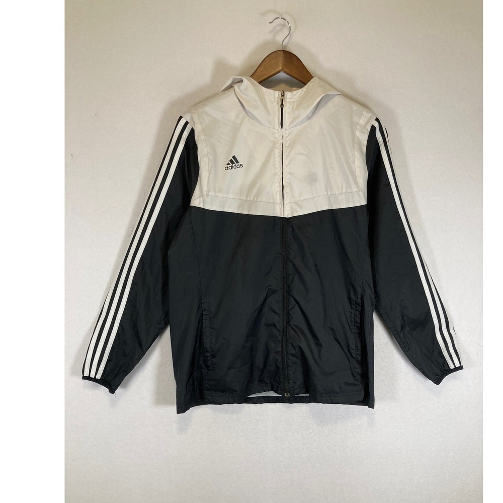 Athletic Adidas Mens Large Black White Colorblock Full Zip Hooded Windbreaker